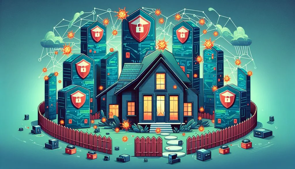 O casă în spatele unui gard roșu, având în spate turnuri de servere cu scuturi în formă de lacăt, cu explozii portocalii de malware în jurul ei respinse de apărări actualizate.