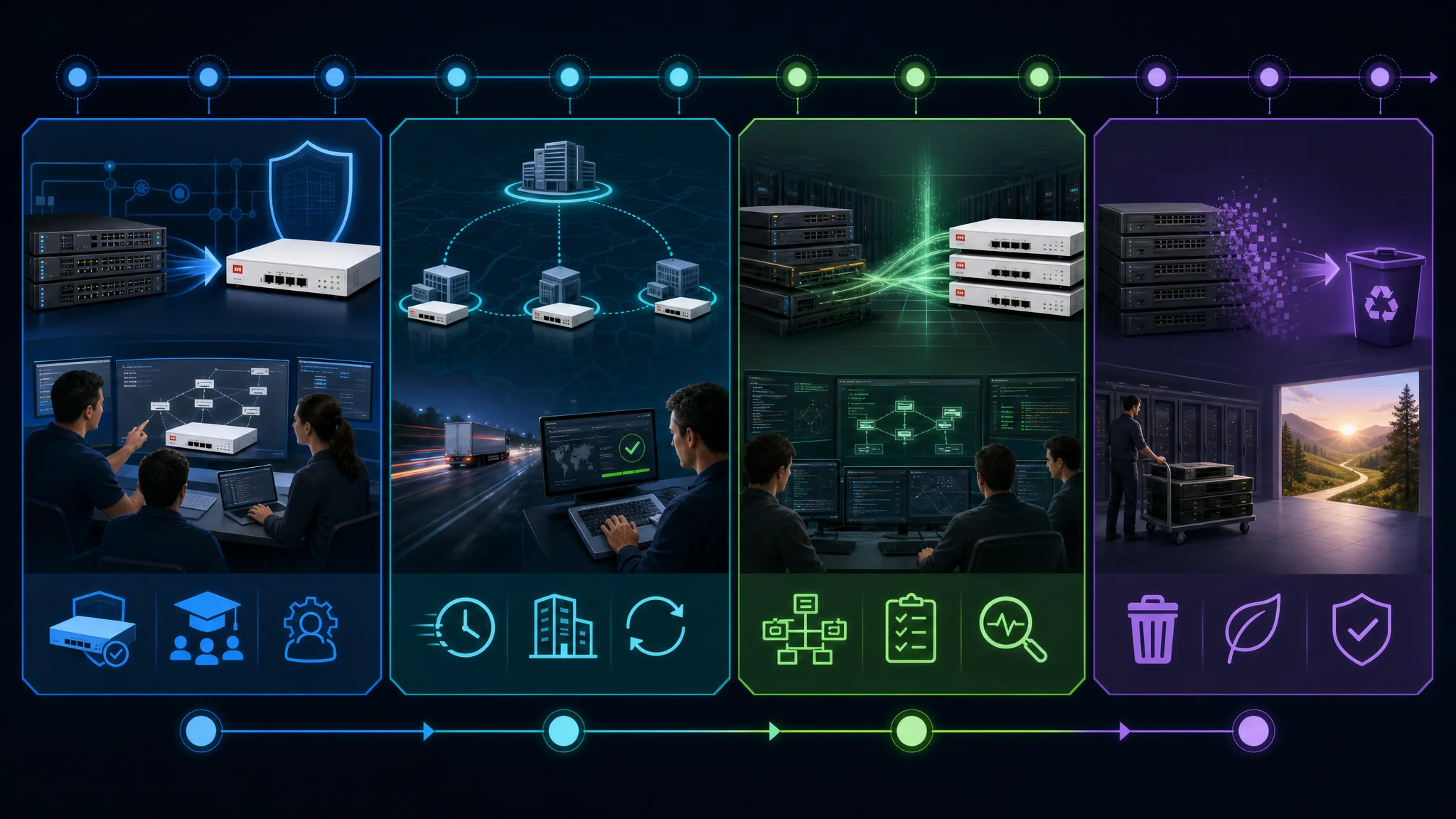 Diagramă cronologică care arată o migrare în faze pe 12 luni de la Cisco la Fortinet pentru securitatea rețelei, acoperind implementarea pilot în lunile 1-2, extinderea la sucursale în lunile 3-6, trecerea centrului de date în lunile 7-9 și dezafectarea finală în lunile 10-12