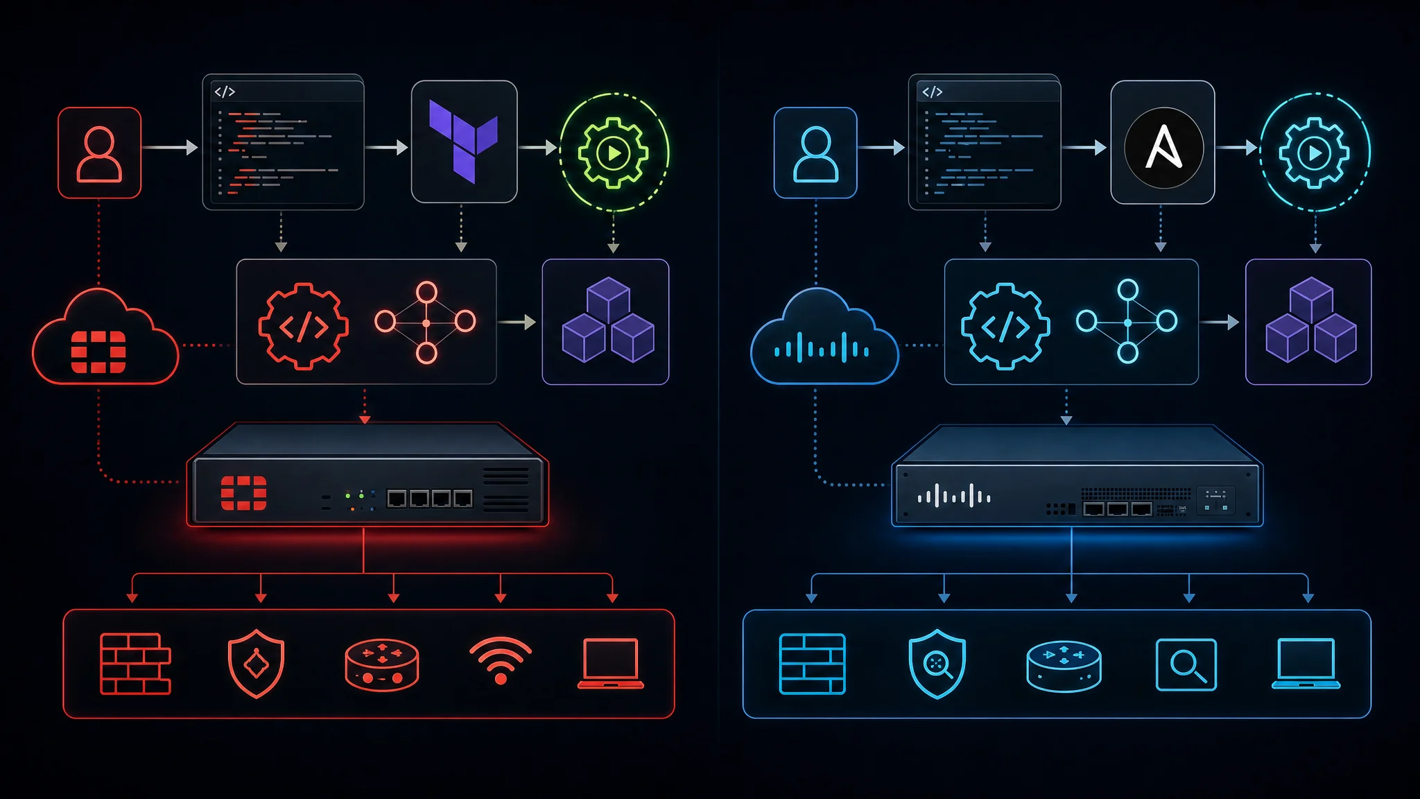 Diagramă comparativă a fluxului de lucru de automatizare FortiGate REST API și Terraform versus Cisco Firepower Management Center API și module Ansible pentru infrastructura de securitate a rețelei ca cod
