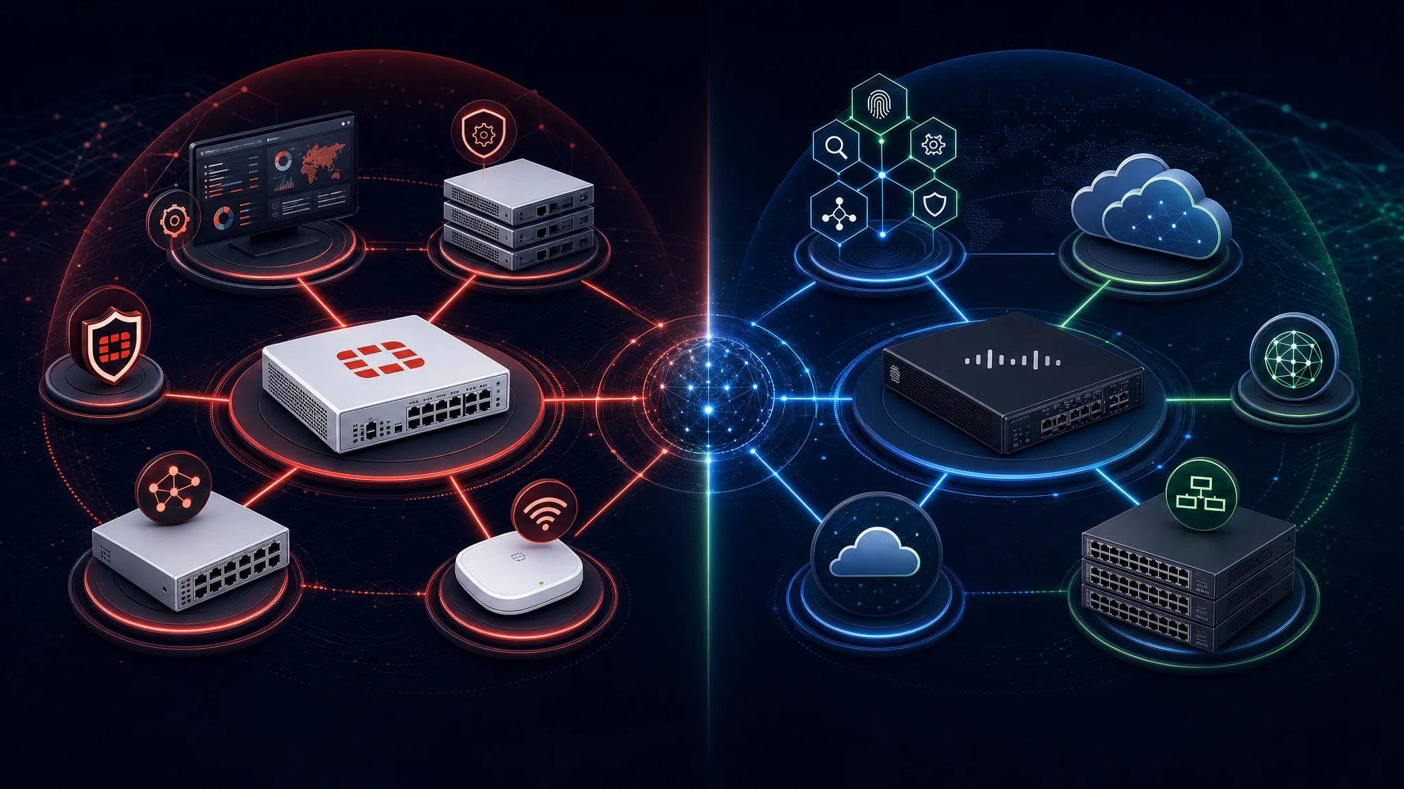 Diagramă comparativă care arată ecosistemul de produse Fortinet Security Fabric incluzând FortiGate, FortiSwitch, FortiManager și FortiAP versus ecosistemul Cisco Secure incluzând Firepower, Catalyst, SecureX și Umbrella