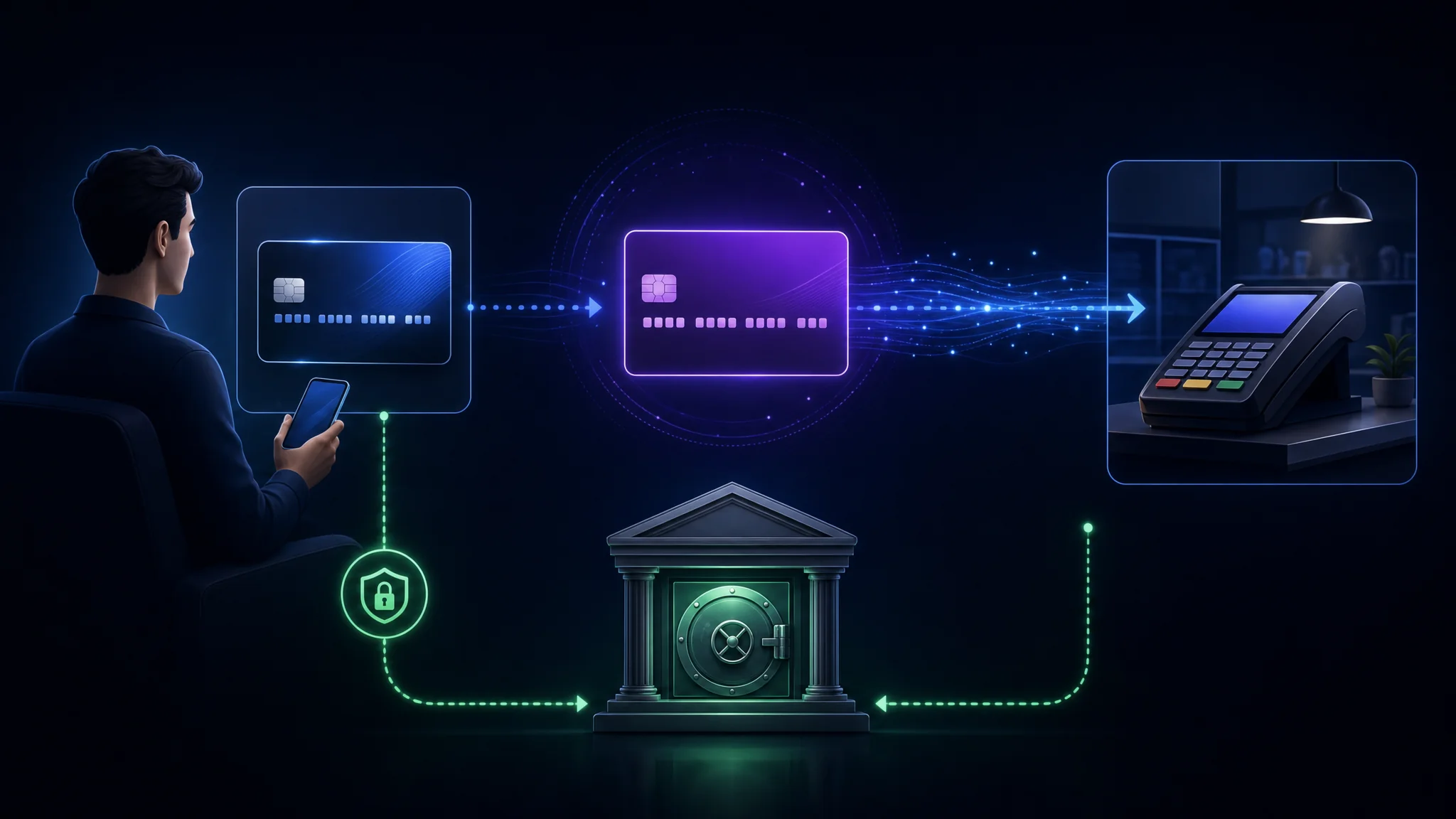 Diagramă care arată un număr de card virtual trimis comerciantului în timp ce numărul real al cardului rămâne între titularul cardului și banca emitentă