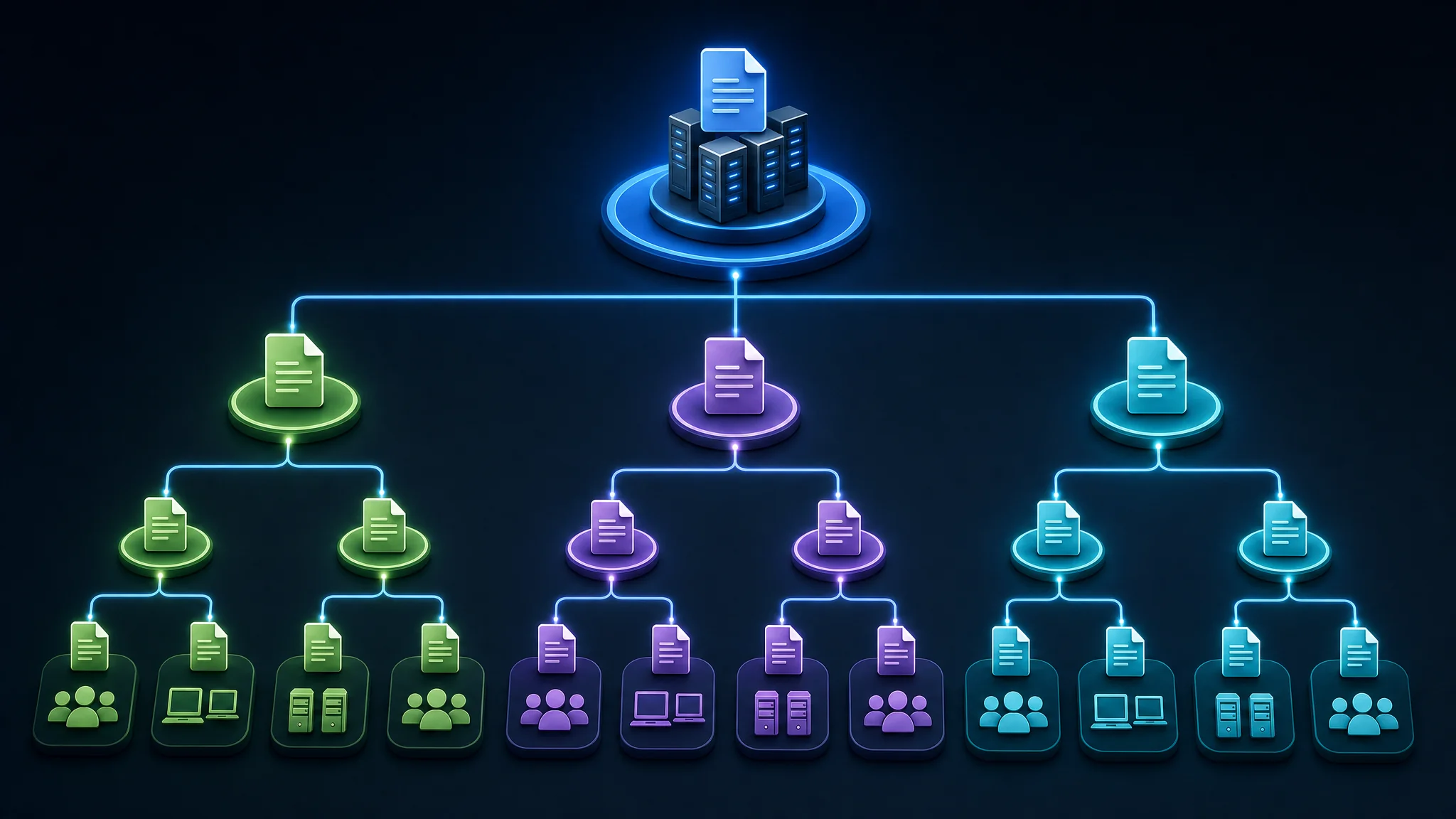 Diagramă care arată ierarhia și moștenirea GPO-urilor în cadrul unui domeniu Active Directory, de la GPO-urile la nivel de domeniu până la GPO-urile unităților organizaționale