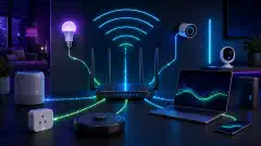 O ilustrație a unei configurații moderne de rețea de acasă, cu un router elegant, dispozitive IoT inteligente și un laptop, toate pe un fundal întunecat cu accente vibrante de albastru, verde și violet.