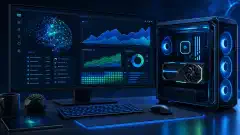 Stație de lucru GPU ilustrată, cu grafice abstracte și o rețea neuronală pe monitor