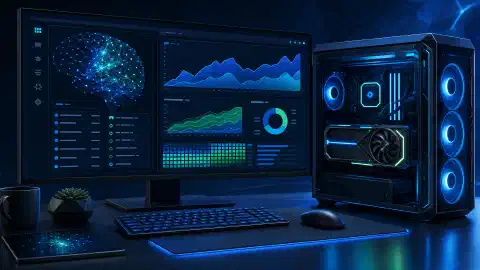 Stație de lucru GPU ilustrată, cu grafice abstracte și o rețea neuronală pe monitor