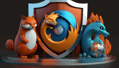 O imagine animată 3D care prezintă trei pictograme de browser asemănătoare desenelor animate, Brave, Firefox și Tor, înconjurate de un scut care simbolizează protecția vieții private, cu un lacăt în partea superioară.