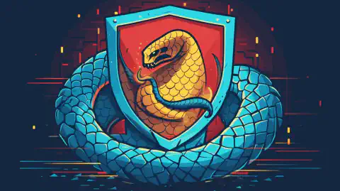 O imagine în stil de desen animat reprezentând un scut care protejează un cod Python de amenințările cibernetice.