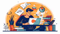 O imagine în stil de desen animat a unei persoane care studiază la un birou cu un laptop și diverse cărți și notițe, cu logo-ul CEH în fundal.