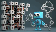 Un personaj de desene animate care ține o cheie într-o mână și un blockchain în cealaltă, înconjurat de o rețea de noduri și blocuri interconectate.