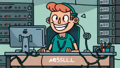 Un personaj de desene animate care stă la un birou, înconjurat de servere și cabluri, cu logo-ul Ansible pe ecranul computerului, zâmbind în timp ce sarcinile sunt automatizate.