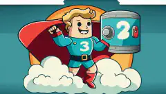 Un personaj de desene animate cu o pelerină ținând un scut cu numărul 3 pe el, în timp ce stă deasupra a două cutii de stocare, una reprezentând un hard disk, iar cealaltă un nor, și arătând spre un glob reprezentând stocarea în afara amplasamentului.