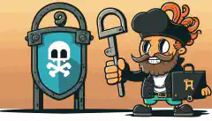 Un hacker de desene animate stă lângă un lacăt mare, cu o mână ținând o cheie cu logo Fernet și cu cealaltă mână ținând o cheie cu logo Malboge, în timp ce un steag este văzut în interiorul lacătului