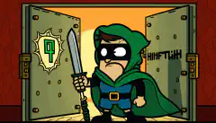 Un hacker de desene animate purtând o pelerină și o mască, stând în fața unei uși seifului cu sigla HTB pe ea și ținând în mână o unealtă (cum ar fi o cheie sau o șurubelniță) cu un fundal verde care simbolizează succesul și steagul într-un balon de vorbire deasupra capul lor.