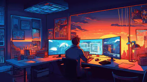 O ilustrație de desen animat care descrie un dezvoltator care lucrează într-un mediu simplificat și eficient cu instrumentele Dev Home și Dev Drive.