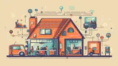 O ilustrație de desen animat care înfățișează o casă cu dispozitive interconectate, atât prin cablu, cât și wireless, reprezentând o configurație ideală a internetului acasă.