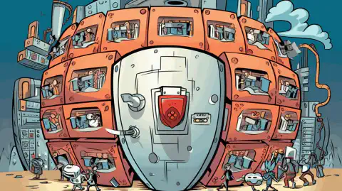 O ilustrație de desen animat reprezentând un scut care protejează un server de rețea împotriva amenințărilor cibernetice.