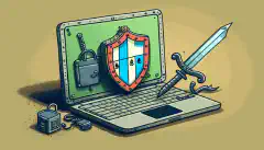O ilustrație de desen animat a unui laptop cu un lacăt pe el, cu un scut și o sabie reprezentând securitatea cibernetică, pe fundal.