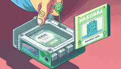 O ilustrație de desen animat a unei persoane care ține în mână un Nebra Helium Miner cu un panou deschis care dezvăluie slotul pentru cardul SD și pașii ghidului care apar ca un ghid care plutește deasupra dispozitivului.