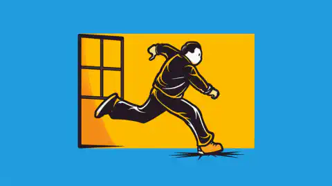 O ilustrație de desen animat a unei persoane care trece de la un logo Windows la un logo Linux cu o tranziție fără întreruperi
