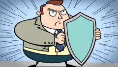 O imagine de desen animat a unui proprietar de afacere care ține în mână un scut pe care scrie asigurare de securitate cibernetică și care blochează amenințările cibernetice.