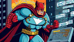 O imagine de desen animat a unui supererou al securității cibernetice care apără un oraș împotriva amenințărilor cibernetice.