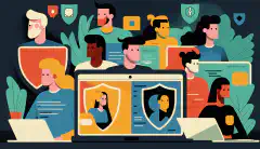 O imagine de desen animat a unui grup divers de angajați de la distanță care participă la o sesiune de instruire interesantă de conștientizare a securității pe laptopurile lor, cu diverse simboluri de securitate cibernetică în jurul lor.