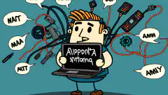 O imagine de desen animat a unei persoane care ține un laptop în timp ce este înconjurată de diverse componente hardware și cabluri de rețea, cu o bulă de gândire care afișează o serie de acronime CompTIA A+ și proceduri de depanare.