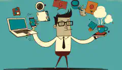 O imagine de desen animat a unei persoane care jonglează cu diverse dispozitive personale (laptop, smartphone, tabletă) și obiecte legate de muncă (documente, ceașcă de cafea)