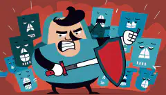 O imagine de desen animat a unei persoane cu un scut care blochează diverse atacuri cibernetice.