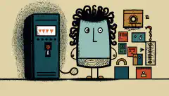 O persoană din desene animate care stă în fața unui computer, cu un simbol de lacăt deasupra capului și diferite tipuri de factori de autentificare, cum ar fi o cheie, un telefon, o amprentă etc., plutind în jurul lor