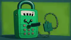 Un telefon din desene animate cu un ecran verde și un lacăt pe el, simbolizând securitatea și criptarea, cu tonuri DTMF reprezentate în fundal