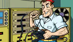 Un tehnician din desene animate care ține un COTS ONT cu un cablu de fibră în fundal.