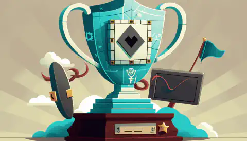 Un trofeu de desene animate cu o panglică pe locul 1, înconjurată de ecrane de computer și simboluri de securitate cibernetică, cum ar fi un lacăt, un scut și simboluri de lacăt și cheie.