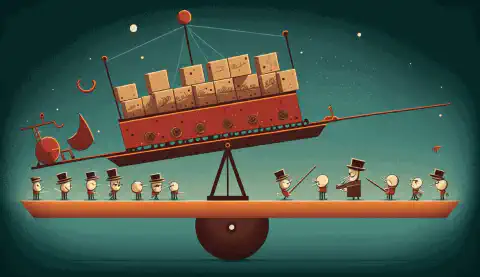 O imagine caricaturală care înfățișează containere care împart greutatea egală pe o balansetă, cu un dirijor de orchestră care le dirijează. 
