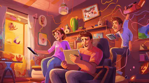 O ilustrație colorată de desen animat care prezintă o familie fericită acasă, înconjurată de diverse dispozitive conectate la T-Mobile Home Internet.