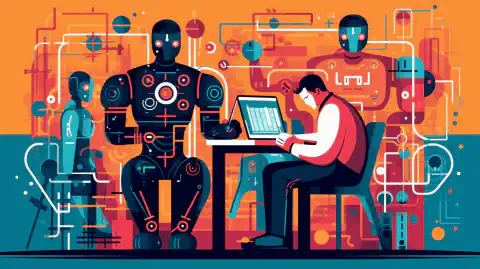 O ilustrație colorată a unui tester uman și a unui tester robot care lucrează împreună pentru a testa aplicații software.