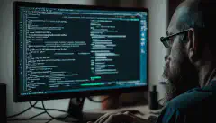 Un dezvoltator care stă la computer, tastând pe tastatură cu ChatGPT CLI deschis pe terminalul său.