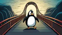 Un pinguin Linux simpatic de desene animate care merge cu încredere peste un pod spre un viitor de succes.