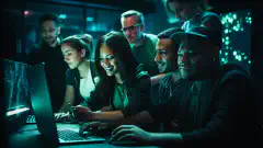 Un grup de persoane diverse care lucrează împreună pentru a rezolva provocările în domeniul securității cibernetice la Academia Hackthebox.