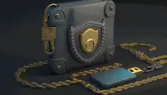 Un portofel hardware cu un lacăt și un lanț în jurul său, simbolizând securitatea stocării criptomonedei într-un portofel hardware.