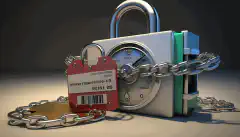 Un lacăt cu un lanț înfășurat în jurul unui raport de scor de credit, simbolizând protecția și securitatea pe care înghețarea creditului dvs. le oferă împotriva furtului de identitate și a fraudei