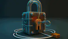 Un lacăt și o cheie pe un cablu de rețea, reprezentând în mod simbolic Securitatea Zero Trust.