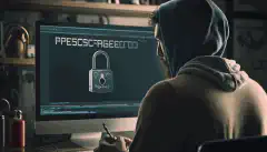 O persoană care ține un lacăt în fața unui ecran de calculator pe care este afișat un mesaj pe care scrie Protejat