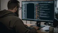 O persoană așezată în fața unui computer, care tastează cod într-o interfață de linie de comandă, cu linii de text care se derulează pe ecran. 