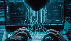 O persoană care tastează pe o tastatură cu un fundal de servere de calculatoare și cabluri de rețea, reprezentând utilizarea PowerShell pentru operațiuni de securitate cibernetică și conformitate.