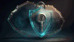 Un scut cu o încuietoare și o cheie simbolizează securitatea cibernetică, iar o lupă deasupra reprezintă gestionarea riscurilor.