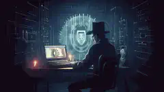 Imagine simbolică reprezentând un hacker purtând o pălărie neagră și tastând pe un computer, în timp ce un scut cu un lacăt protejează o rețea în fundal.