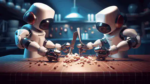 O imagine simbolică reprezentând cele trei instrumente de automatizare, Ansible, Puppet și Chef, angajate într-o competiție amicală.