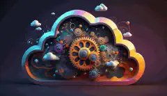 O ilustrație animată 3D vibrantă a unui nor cu unelte în interior, reprezentând un mediu cloud hibrid, care prezintă gestionarea eficientă și automatizată a infrastructurii cloud.