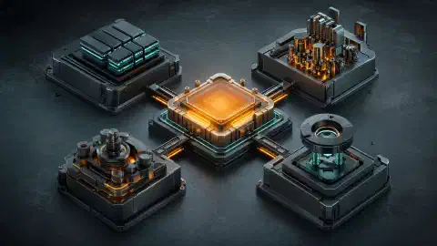 Componente metalice modulare conectate la un procesor central luminos prin trasee turcoaz și portocalii pe o suprafață de lucru întunecată